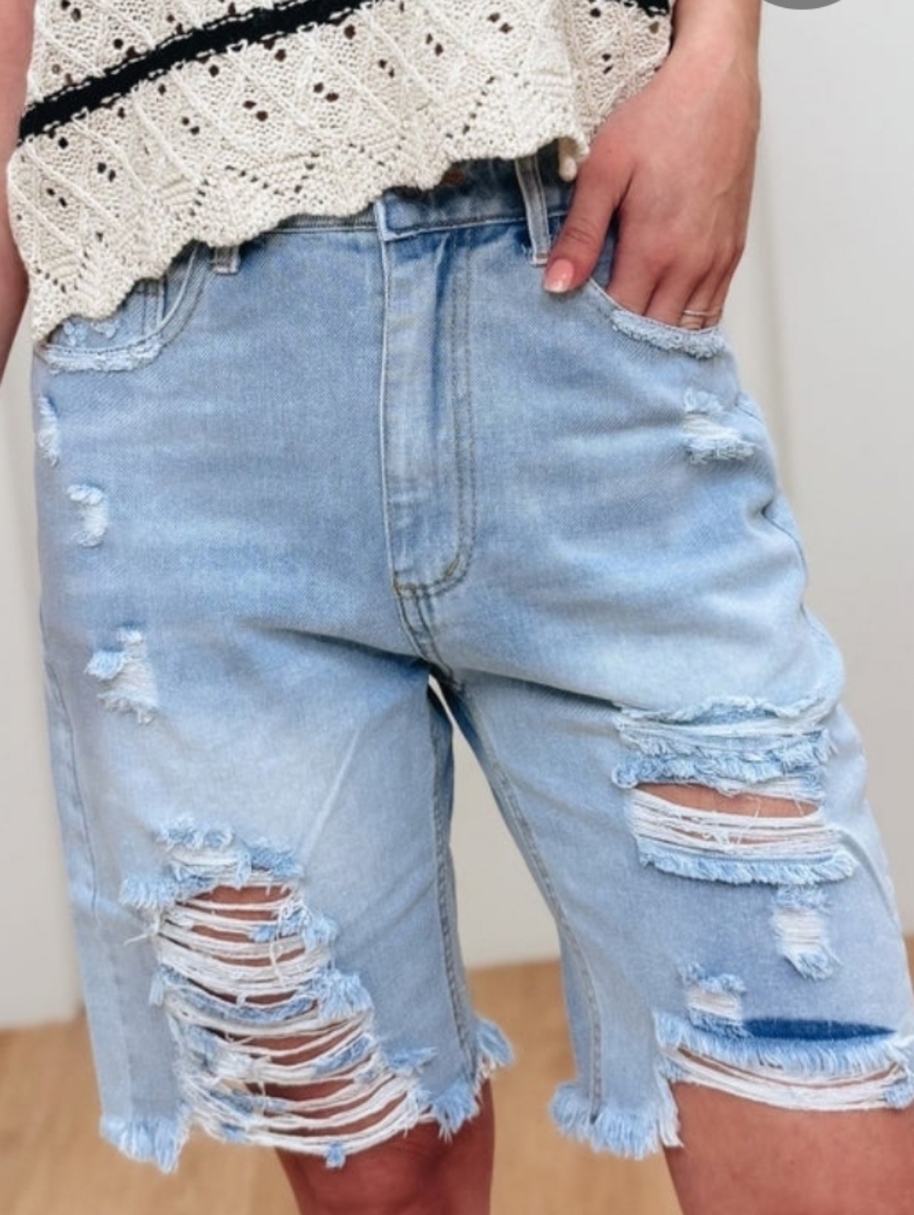 Anniewear Light Wash Distressed Denim Bermuda Shorts NEW